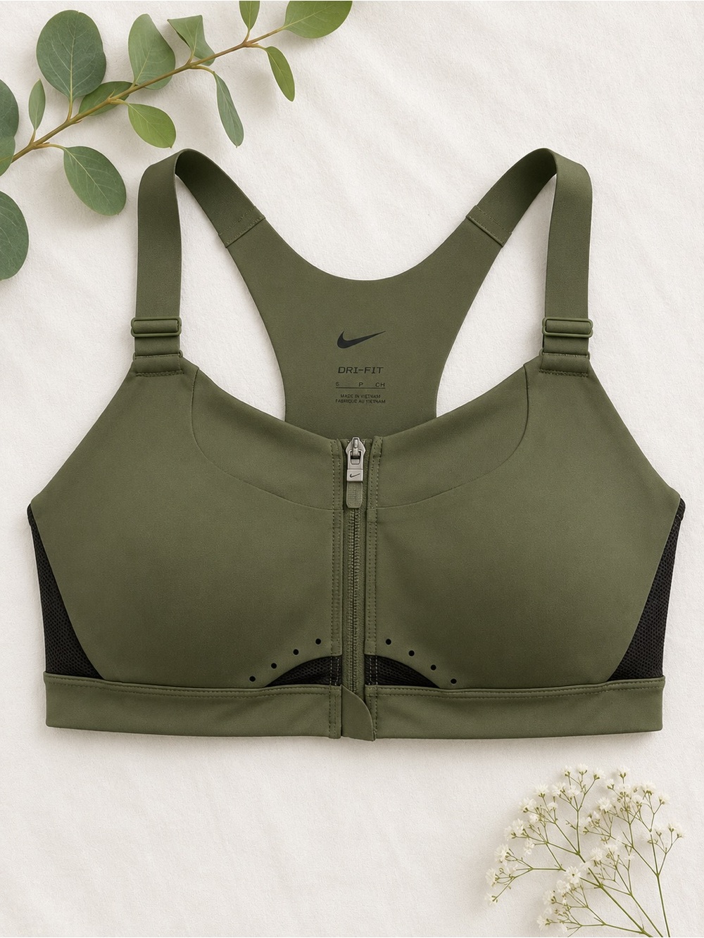 Nike Dri-FIT Olive Green High Support Front Zip Sports Bra Size Small